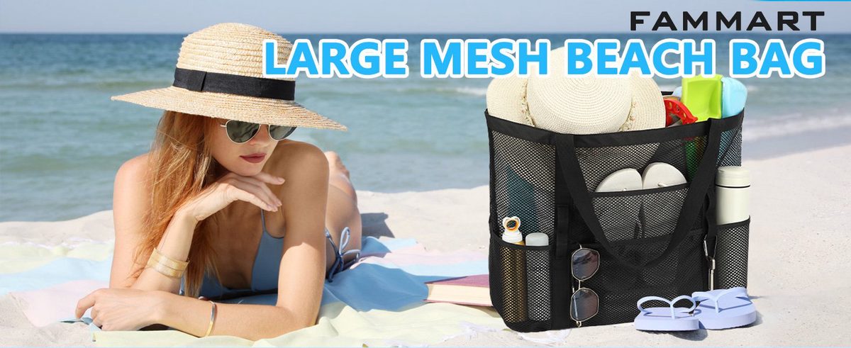 Fammart Large Mesh Beach Bag Woman relaxing next to it on the sand.