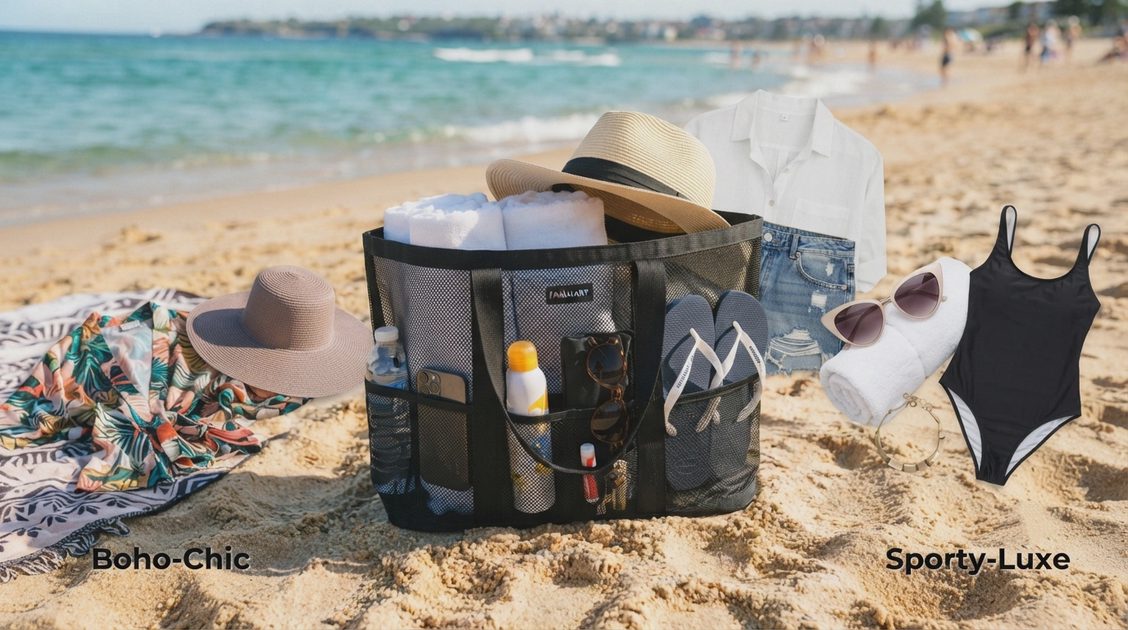 Boho-Chic & Sporty-Luxe Large mesh beach bag with towels on sandy shore.