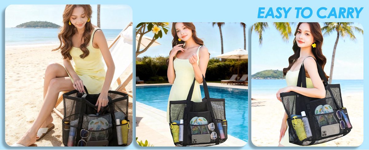 Easy to Carry Three views of woman carrying large mesh beach bag.